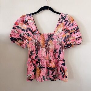 Farm Rio Pink Pineapple Smocked Top Size Small